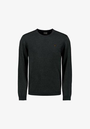 Dunkelgrauer Strickpullover mit Rundhalsausschnitt, langen Ärmeln und kleinem quadratischen Logo auf der Brust, mit glatter Textur.