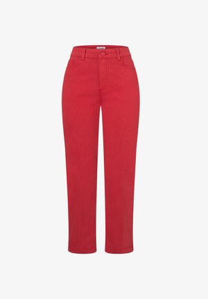 Pantalon rouge taille haute avec bouton et fermeture éclair à l'avant, passants pour ceinture et poches latérales.