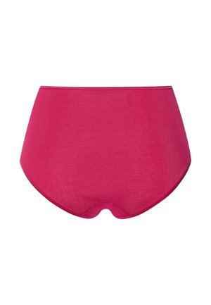 Solide, leuchtend pinke Damenunterwäsche mit hohem Bund, nahtlosen Kanten und vollständiger Rückenabdeckung auf weißem Hintergrund.