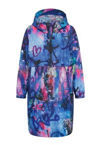 Hooded long jacket with blue and pink graffiti-style pattern featuring black and brown bulldog illustrations and a front zipper.