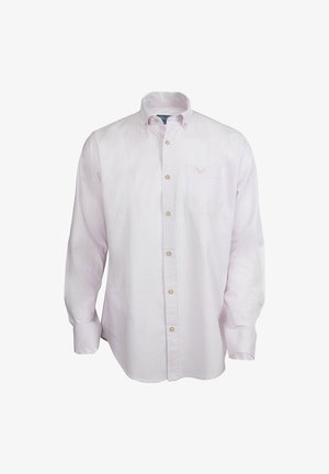 Camisa de botones de color rosa claro con rayas blancas, de mangas largas y con un bolsillo en el pecho. Presenta botones blancos y un logo sutil en el bolsillo.