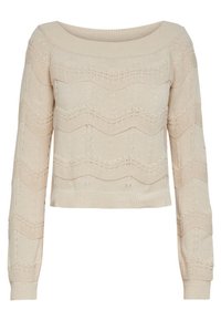 Beige gestrickter Pullover mit langen Ärmeln, weitem Bootsausschnitt und einem strukturierten wellenförmigen Muster. Gerippte Bündchen und Saum. Kürzere Länge.