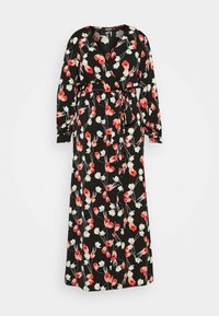 Robe longue noire à motifs floraux comprenant des fleurs rouges et blanches, décolleté en V, manches longues et taille nouée. Tissu doux.