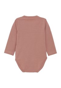 Långärmad babytshirt i mjuk rosa tyg, med rund halsringning och tryckknappar i botten för enkel påklädning.