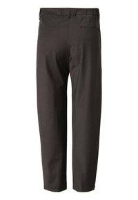 Dark brown formal trousers shown from the back with two welt pockets and belt loops on the waistband.