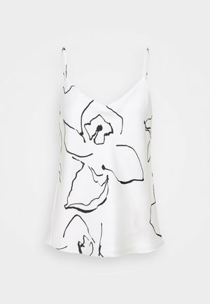 Weißes Camisole mit dünnen Schulterträgern und großen schwarzen abstrakten floralen Linienzeichnungen.