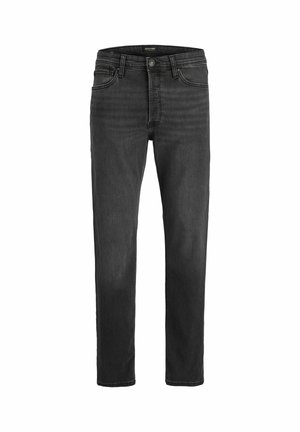 Black denim jeans with a straight fit, five-pocket design, and zip fly. Features subtle fading and contrast stitching.