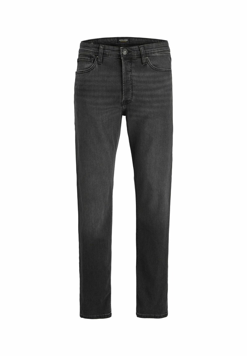 Schwarze Denim-Jeans mit geradem Schnitt, fünf Taschen-Design und Reißverschluss. Verfügt über subtile Ausbleichungen und kontrastierende Nähte.