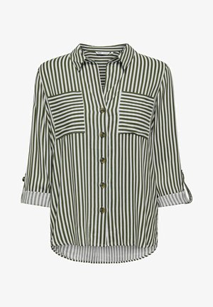 Olivgrünes und weiß gestreiftes kurzärmliges Hemd mit zwei vorderen Taschen, einem V-Ausschnitt und hochgerollten Ärmeln mit Knopfdetails.