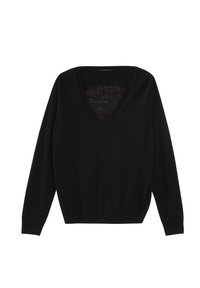 Maglione nero a maglia con profondo scollo a V, maniche lunghe e vestibilità rilassata. Motivo strutturato sullo scollo che aggiunge un dettaglio sottile.