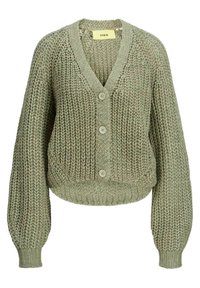 Groene gebreide cardigan met een V-hals, vijf knopen en ruime mouwen. Bevat een textuurpatroon en een cropped zoom.
