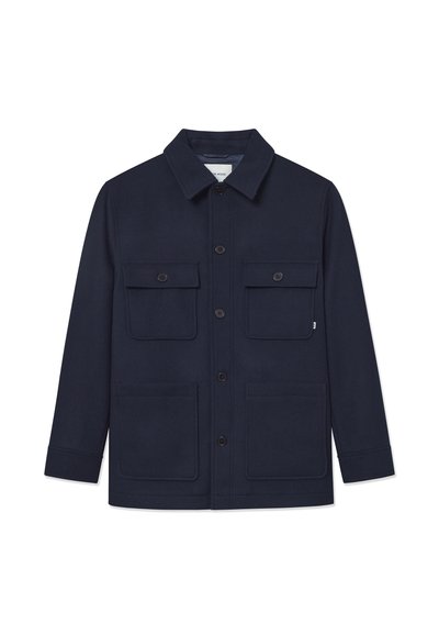 Navy blue jacket made of sturdy fabric, featuring a button front, spread collar, and two large chest pockets with flap closures.