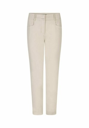 Beige slim-fit broek met twee zakken aan de voorkant, riemlussen en een dubbele knoopsluiting in de taille.