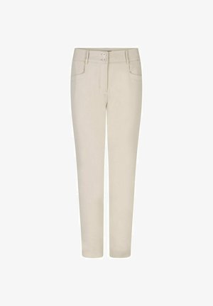 Beige slim-fit broek met twee zakken aan de voorkant, riemlussen en een dubbele knoopsluiting in de taille.