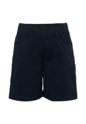Pantaloncini casual neri con vita elasticizzata, tasche laterali, passanti per cintura e dettaglio della cucitura frontale, mostrati su sfondo bianco.