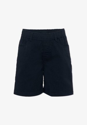 Shorts noirs décontractés avec taille élastique, poches latérales, passants de ceinture et détail de couture avant, présentés sur fond blanc.