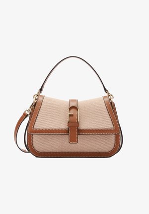Piccola borsa in tessuto beige con rifiniture in pelle marrone, manico superiore, tracolla regolabile e chiusura con fibbia dorata sulla patta frontale.