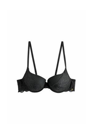 Reggiseno nero in pizzo con ferretto, spalline sottili regolabili e coppe sagomate su sfondo bianco.