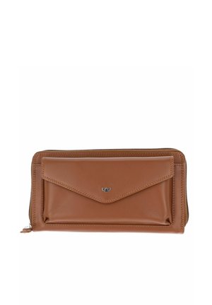 Brown leather zip-around wallet with front envelope pocket and small metal logo detail centered on pocket flap.
