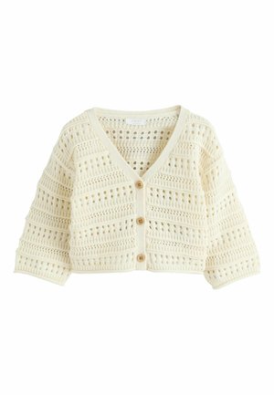 Cream-colored crocheted knit cardigan with three wooden buttons and a V-neck, featuring a loose, open stitch pattern.
