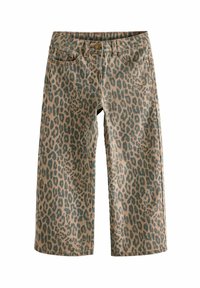 Jeans a gamba larga con stampa leopardata realizzati in denim, con una base beige e macchie verde scuro, una vita standard e tasche anteriori.