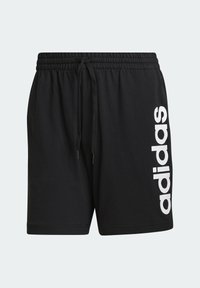 Pantalones cortos negros de algodón con una cinturilla elástica y cordón, que presentan un gran logo blanco de "adidas" en el lado izquierdo. Diseño simple y limpio.