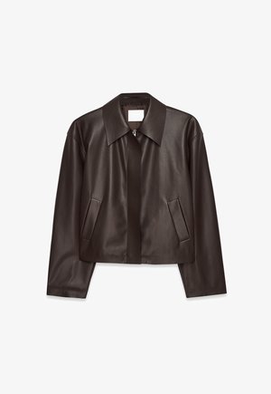 Dark brown leather jacket with front zipper, wide collar, long sleeves, and two angled side pockets, shown flat on a white background.