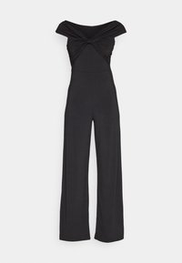 Schwarzer Jumpsuit mit schulterfreiem Design, gerafftem Stoff in der Brustpartie, weitem Bein und glatter Textur. Eignet sich für verschiedene Anlässe.