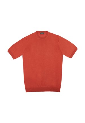 Pull à col rond à manches courtes de couleur orange uni, avec une texture lisse et des bords côtelés aux manchettes et à l'ourlet, fabriqué en tissu léger.