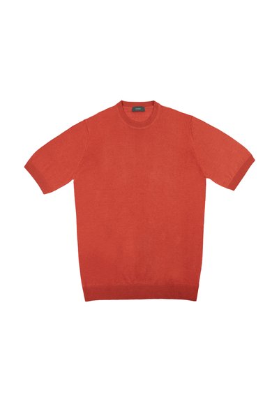 Sweter z krótkim rękawem i okrągłym dekoltem w jednolitym pomarańczowym kolorze, charakteryzujący się gładką teksturą oraz ściągaczami przy rękawach i u dołu, wykonany z lekkiego materiału.