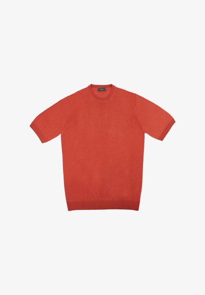 Maglione a maniche corte con collo tondo di colore arancione uniforme, caratterizzato da una texture liscia e polsini e orlo a costine, realizzato in tessuto leggero.
