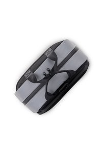 Gray and black rectangular bag with dual zip closure, top handles, and textured fabric. Features reinforced stitching and sturdy hardware.