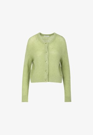 Světlý zelený svetr s texturovaným povrchem, kulatým výstřihem a pěti knoflíky vpředu. Krátká délka s dlouhými rukávy.