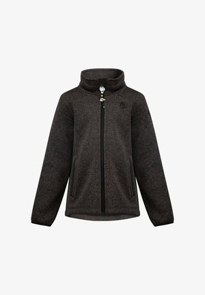 Tmavo šedá fleece bunda s vysokým golierom, predným zipsom a dvoma bočnými vreckami. Má textúrovaný povrch a malé logo na hrudi.