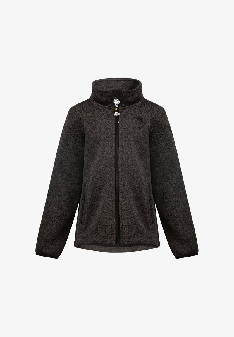 Tamsiai pilkas fliso džemperis su aukštu apykakle, priekiniais užtrauktukais ir dviem šoninėmis kišenėmis. Yra tekstūruotas paviršius ir mažas logotipas ant krūtinės.