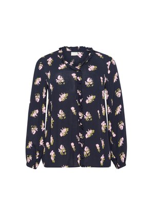 Marineblauwe bloemenblouse met lange mouwen, gerimpelde kraag en knoopsluiting aan de voorkant. Bevat roze en groene bloemmotieven over de hele blouse.