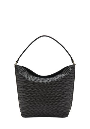 Borsa a mano in pelle nera con trama intrecciata e una singola tracolla, forma a secchio con bordo superiore leggermente cascante.