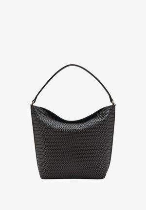 Borsa a mano in pelle nera con trama intrecciata e una singola tracolla, forma a secchio con bordo superiore leggermente cascante.