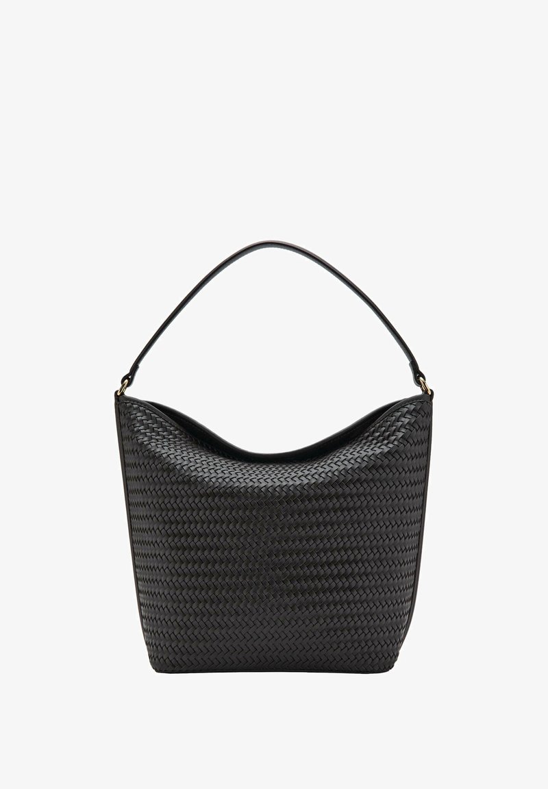 Sac à main en cuir noir avec texture tissée et une seule bandoulière, forme seau avec bord supérieur légèrement affaissé.