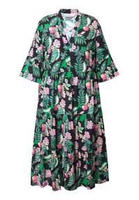 Robe fleurie avec un fond sombre et des motifs de feuilles roses et vertes, un décolleté en V et des manches à volants superposées. Fabriquée en tissu léger.