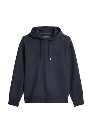 Navyblauer Hoodie aus weichem Stoff, mit einer Kapuze mit Kordelzug und dem bestickten "Marc O'Polo" Schriftzug auf der Vorderseite. Reguläre Passform mit gerippten Bündchen.