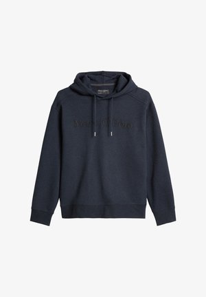 Navyblauer Hoodie aus weichem Stoff, mit einer Kapuze mit Kordelzug und dem bestickten "Marc O'Polo" Schriftzug auf der Vorderseite. Reguläre Passform mit gerippten Bündchen.