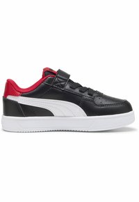 Juodai odiniai sportbačiai su balta juostele, raudonais akcentais ir tekstūruota padu. Yra šnervių ir diržo, užtikrinančių tvirtą prigludimą.