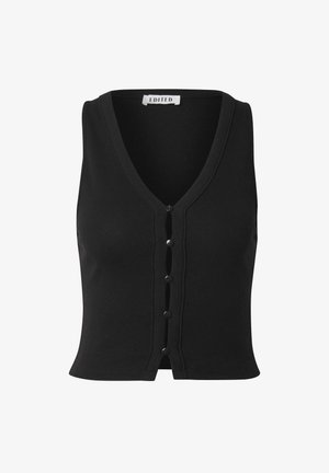 Zwarte mouwloze top met een V-hals en een knoopsluiting aan de voorkant met vijf knopen. Zacht, rekbaar stof met een fitted ontwerp.