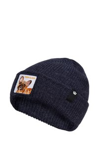 Knitted dark blue beanie featuring a patch with an embroidered dog and the text "HIGH CLASS." Durable fabric with a textured finish.