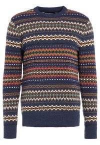 Tengerészkék kötött pulóver, amely színes, geometrikus Fair Isle mintával rendelkezik, piros, zöld, fehér és arany színű kiemelésekkel. Klasszikus kerek nyakkivágás.