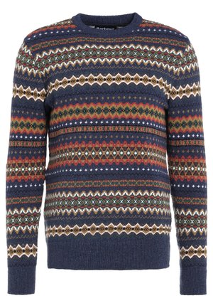 Pull en maille bleu marine avec un motif géométrique Fair Isle multicolore, accentué de rouge, vert, blanc et doré. Encolure classique. 
