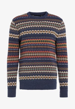 Navy gestrickter Pullover mit einem mehrfarbigen, geometrischen Fair Isle Muster in Rot, Grün, Weiß und Gold. Klassischer Rundhalsausschnitt.