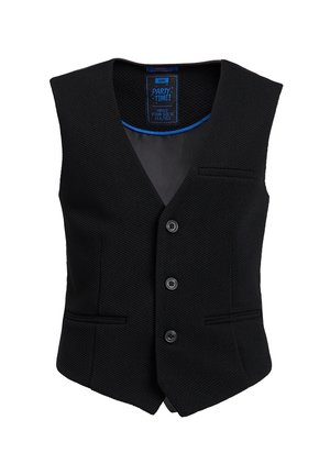 Gilet noir texturé avec un décolleté en V, cinq boutons et deux poches avant. L'intérieur présente une étiquette avec des accents bleus.