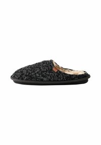 Knitted black slipper with a textured knit pattern and plush white lining, featuring a black rubber sole and a small brown logo accent.